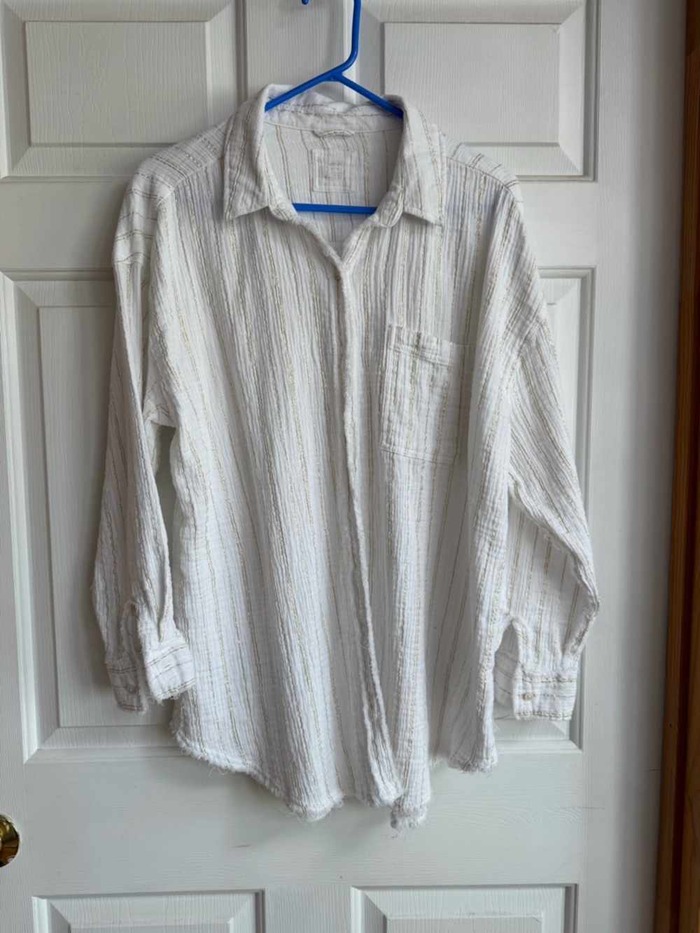 aerie White with Gold Textured Stripe Button-Down Shirt
